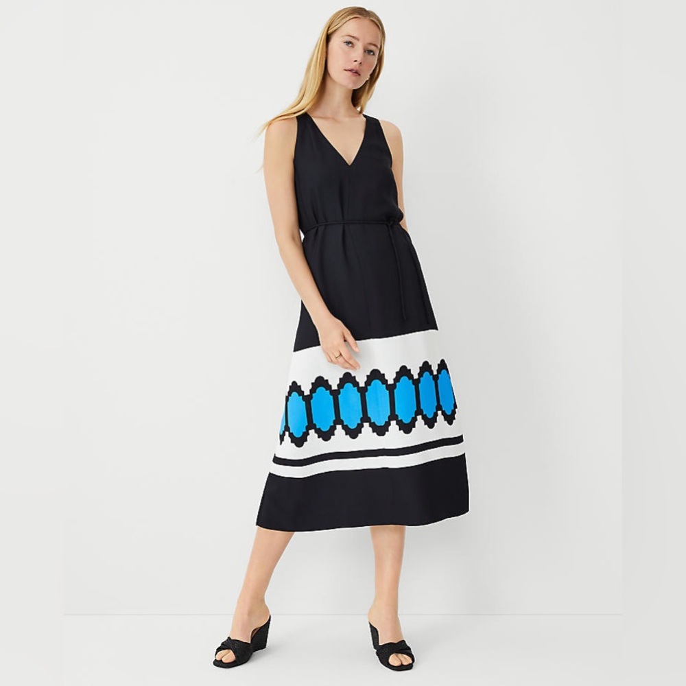 NWT Ann Taylor Geo Border V-Neck Midi Dress